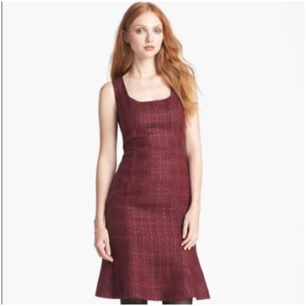 Tory Burch Dress Sz 6 Maroon Tweed Midi Sleeveless Square Neck Textured Classic